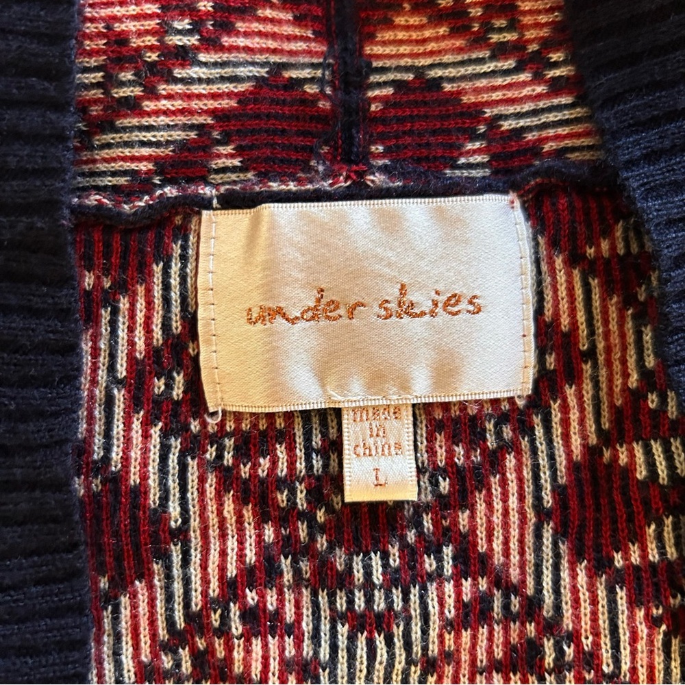 Under Skies Aztec Tribal Dark Red Navy Blue Belted Open Cardigan Size L Boho - Picture 7 of 9